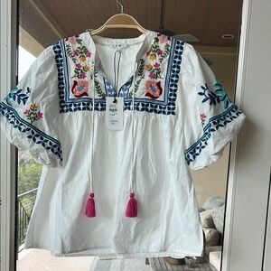 THML WMNS EMBROIDERED PUFF SLEEVE COLORFUL BLOUSE WITH TASSLE TIE, NWT, large